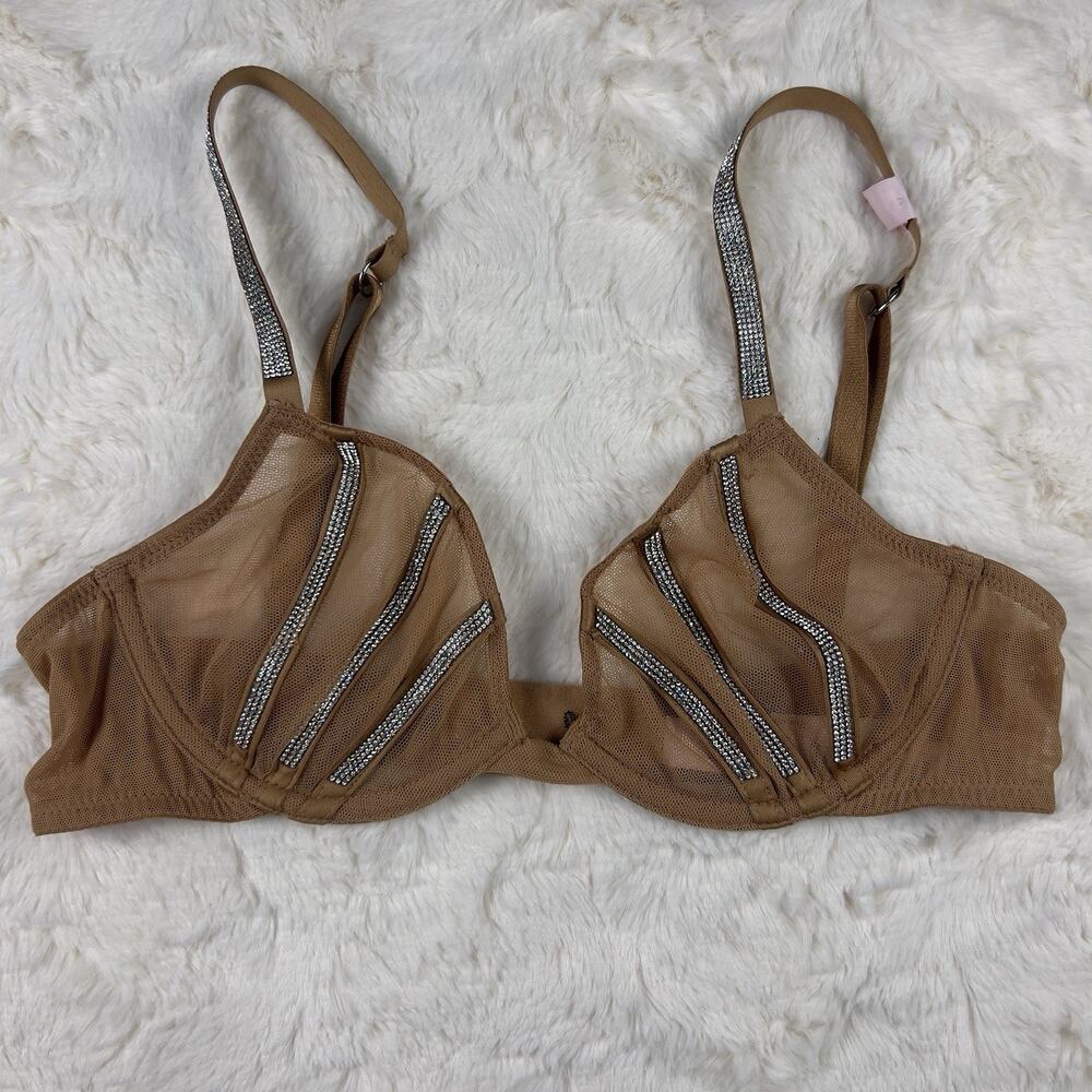 Victoria’s Secret Very Sexy‎ Sheer Shine Unlined Low Cut Demi Bra Tan Mesh 32C